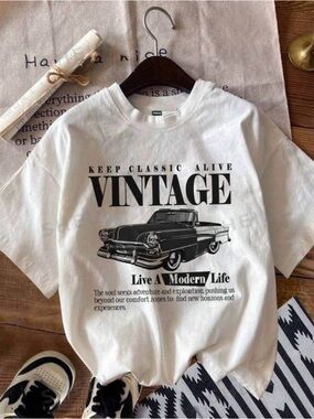 Vintage Graphic Tee with Classic Car Print - White & Black